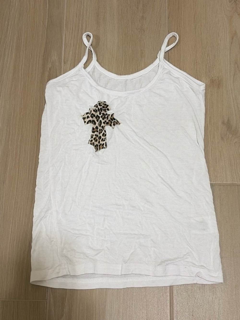 White Women's Spaghetti Strap Tank with Leopard Cross Accent